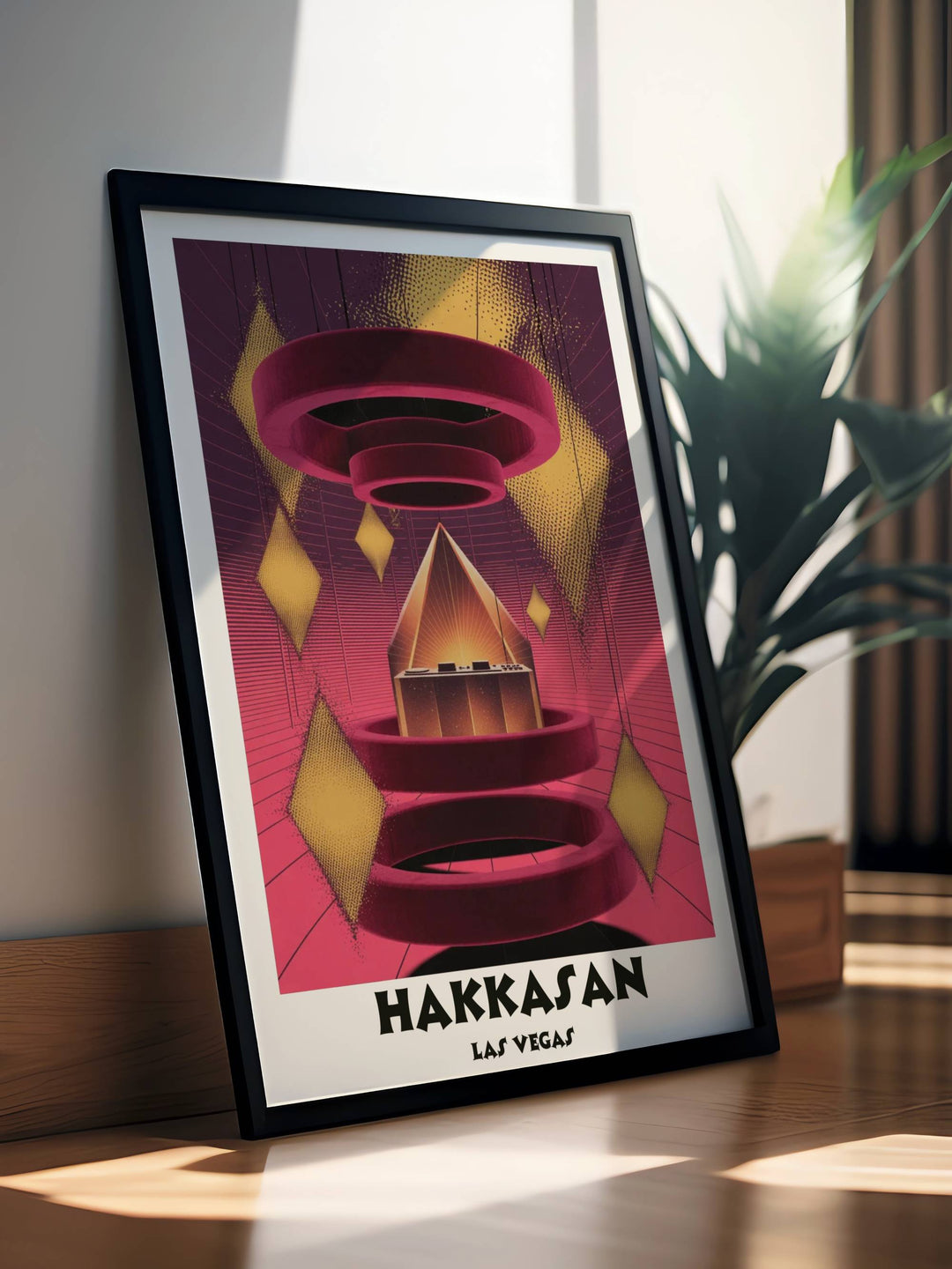 Surrealist nightclub wall art of Hakkasan Las Vegas. Features abstract golden stardust and a central DJ altar against a saturated burgundy and plum background for luxury decor.