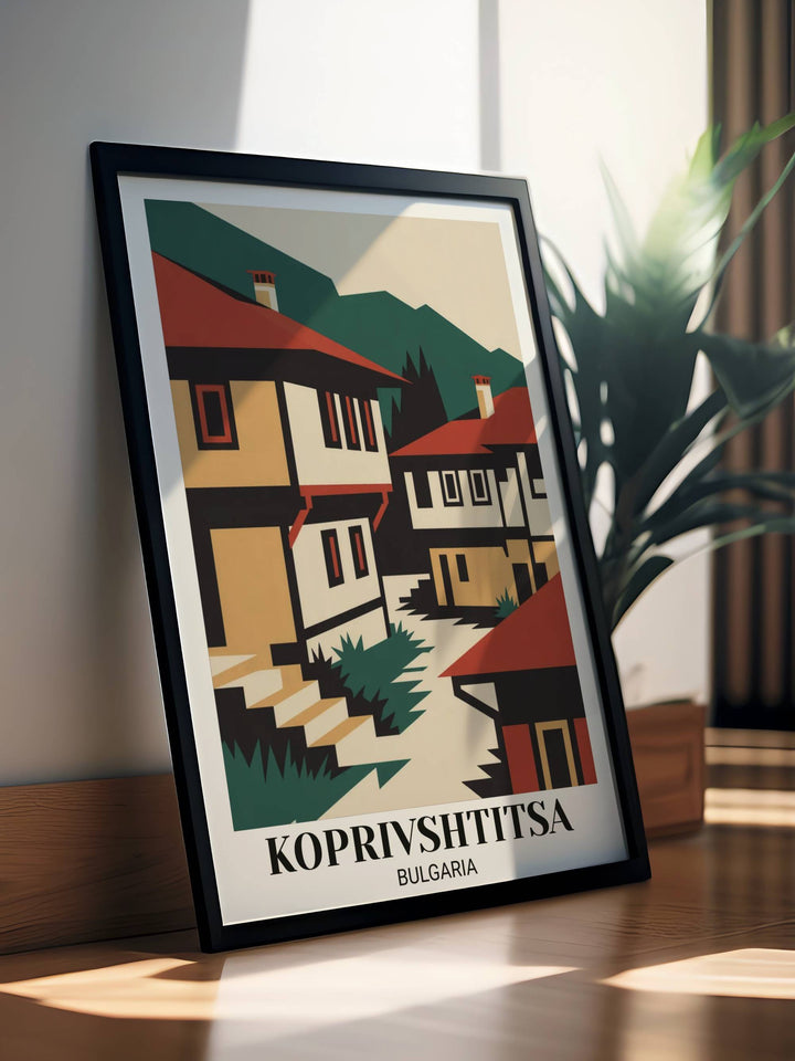 Contemporary minimalist Koprivshtitsa poster with bold geometric folk houses, striking color contrasts, mountain backdrop, and modern digital illustration style
