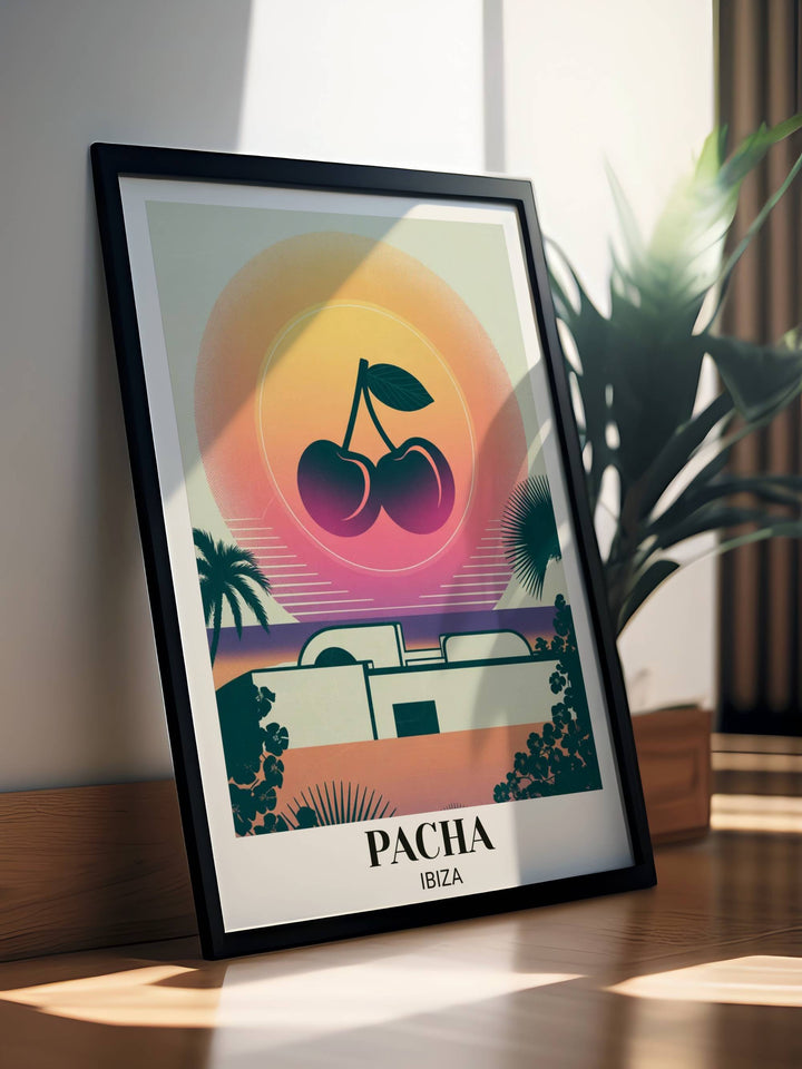 Map Your Dreams presents Pacha Ibiza "The Icon." A stunning minimalist villa silhouette under a massive cherry eclipse sun, perfect for high-end modern gallery walls.