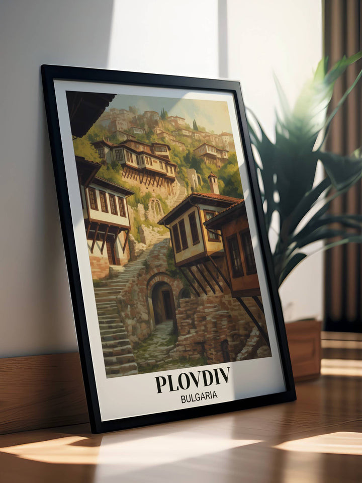 Vintage Plovdiv Bulgaria poster with traditional old town houses arranged on hillside, cobblestone streets, warm terracotta and cream colors, and heritage design