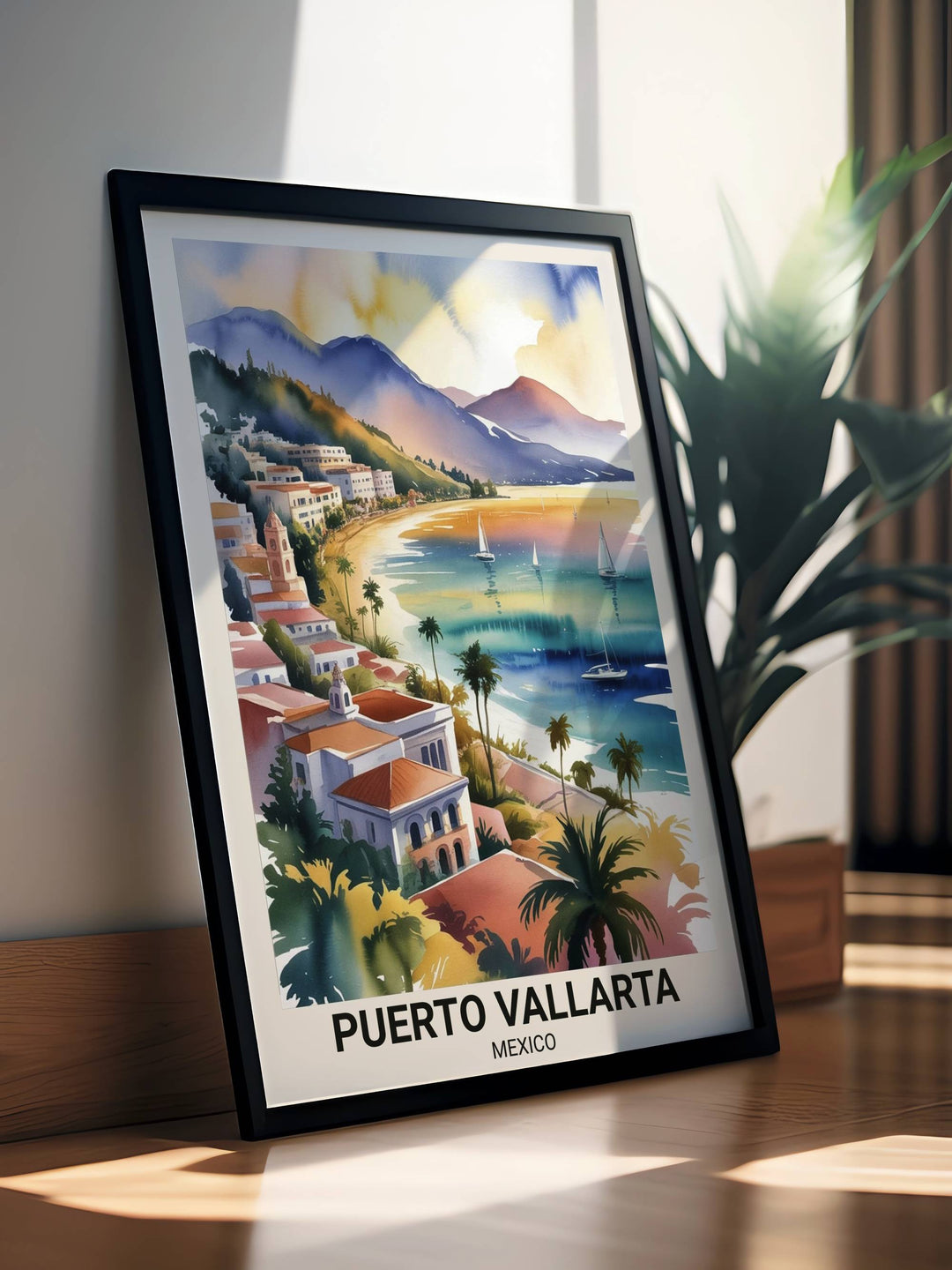 Puerto Vallarta wall art capturing the nostalgic atmosphere of the Old Town with winding stone streets, whitewashed walls, and soft afternoon shadows in a modern etched style.
