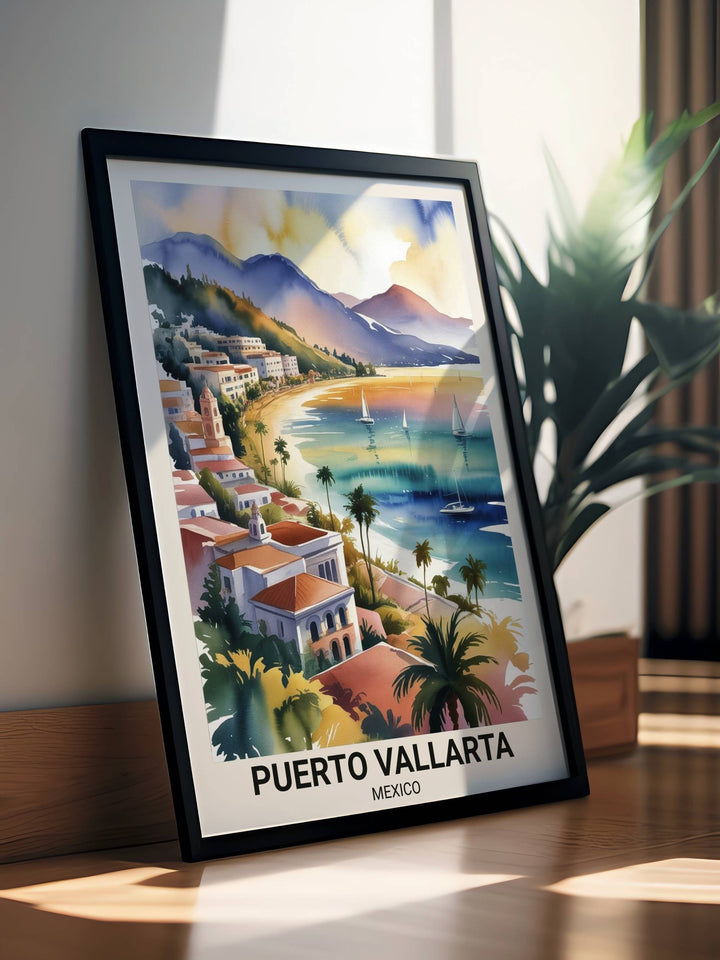 Puerto Vallarta wall art capturing the nostalgic atmosphere of the Old Town with winding stone streets, whitewashed walls, and soft afternoon shadows in a modern etched style.