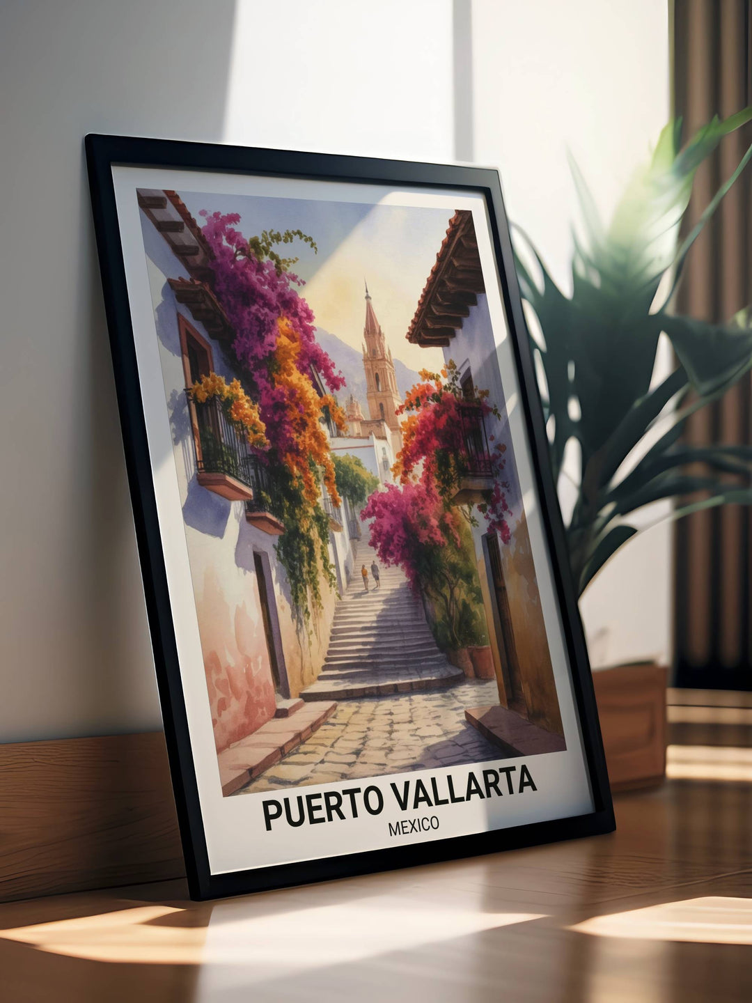Mexican home decor art print with a sophisticated palette of magenta, gold, and terracotta, showing a romantic street scene in the heart of Jalisco for a premium gallery wall look.