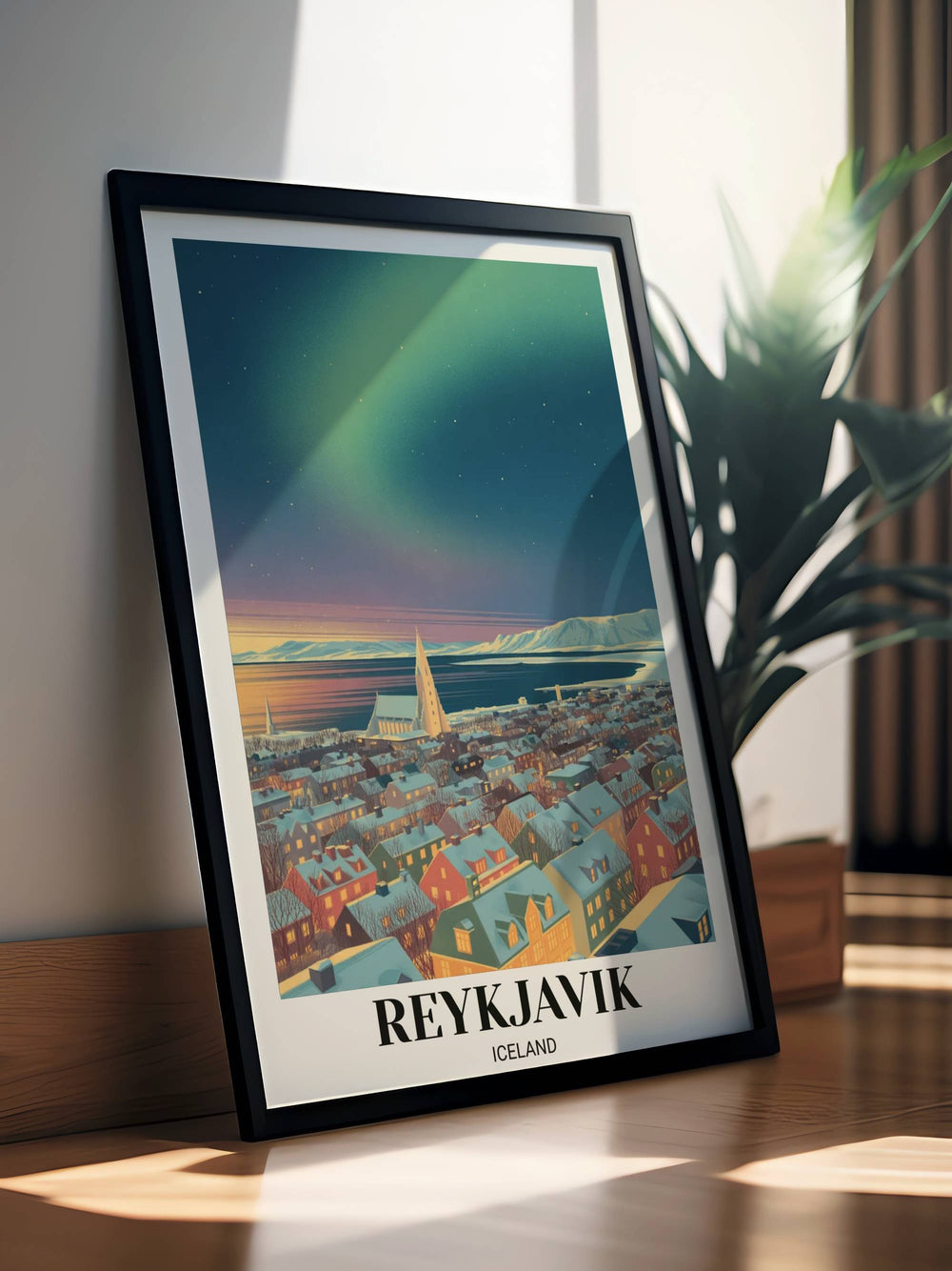 Elegant Reykjavik travel gift for home decor featuring a cinematic composition of Arctic nature and iconic Icelandic architecture in winter light.