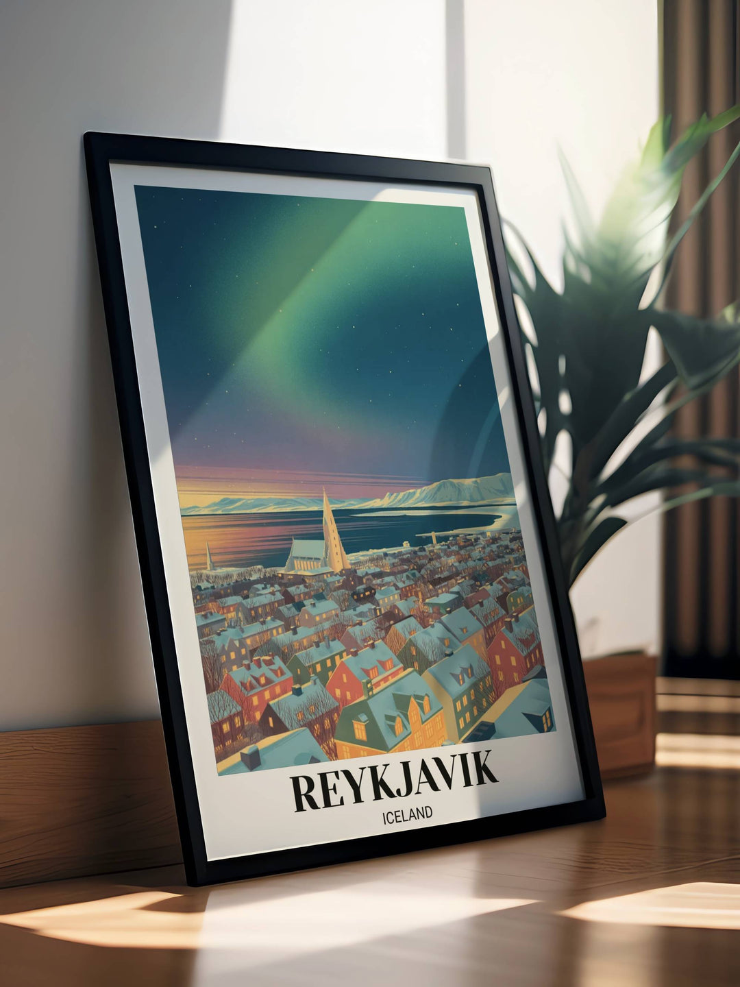 Elegant Reykjavik travel gift for home decor featuring a cinematic composition of Arctic nature and iconic Icelandic architecture in winter light.