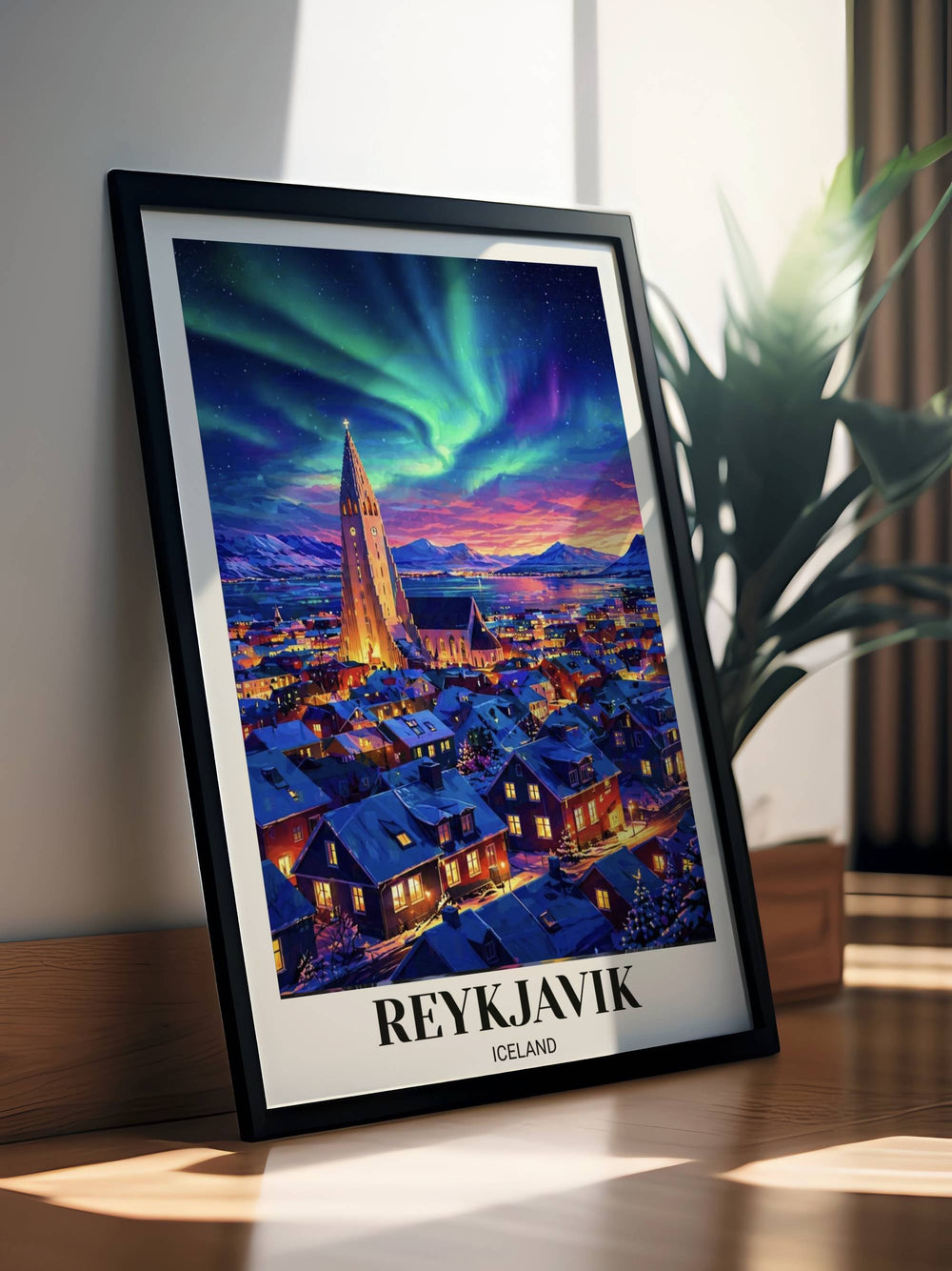 Vertical art print of Reykjavik Iceland at night featuring neon green and purple aurora borealis over the Hallgrimskirkja church and glowing golden city lights on snowy houses.