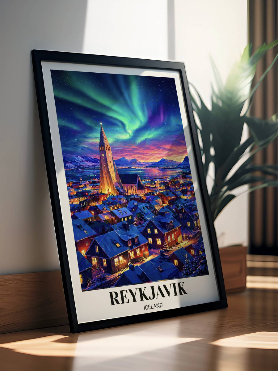 Vertical art print of Reykjavik Iceland at night featuring neon green and purple aurora borealis over the Hallgrimskirkja church and glowing golden city lights on snowy houses.
