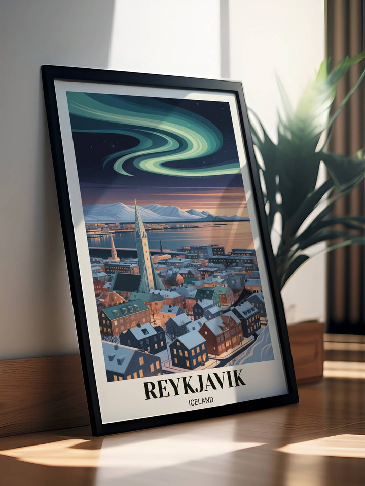 Vibrant Iceland travel poster with electric green northern lights and a golden-lit cathedral against a dark indigo night sky.