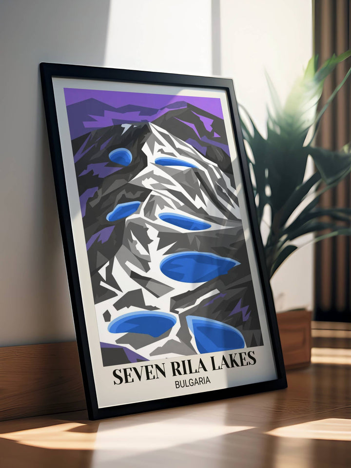 Modern Rila Lakes Bulgaria travel poster with geometric mountain design, bold electric blues, white snow peaks, forest greens, and contemporary flat design illustration