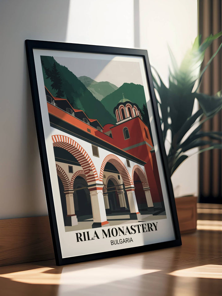 Modern Rila Monastery travel poster with geometric interpretation of striped arches, bold color palette, minimalist composition, and contemporary heritage design
