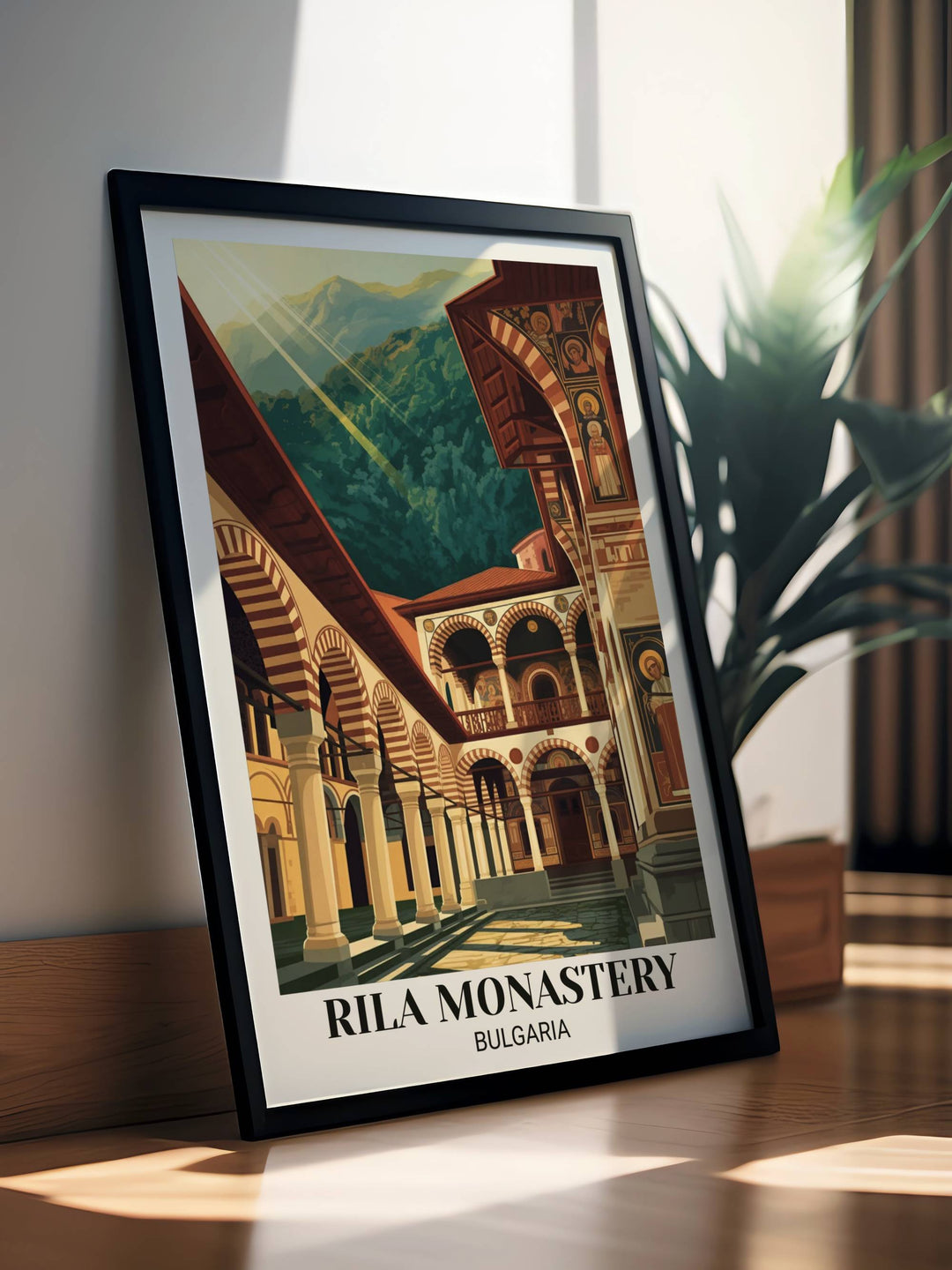 Rila Monastery vintage poster art showing red and white arches, Byzantine architecture, monastery courtyard, mountain landscape, golden light, and UNESCO heritage design