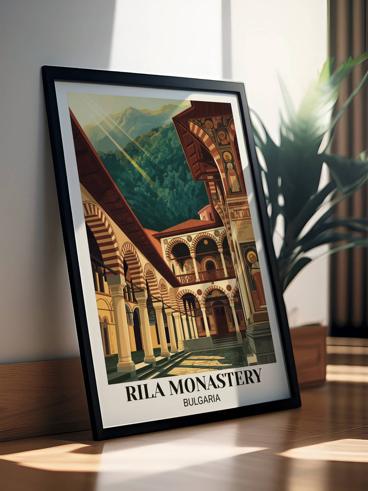 Rila Monastery vintage poster art showing red and white arches, Byzantine architecture, monastery courtyard, mountain landscape, golden light, and UNESCO heritage design