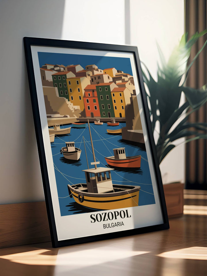 Bold modern Sozopol poster featuring geometric harbor interpretation, striking color palette, fishing boats, colorful architecture, and contemporary minimalist art aesthetic
