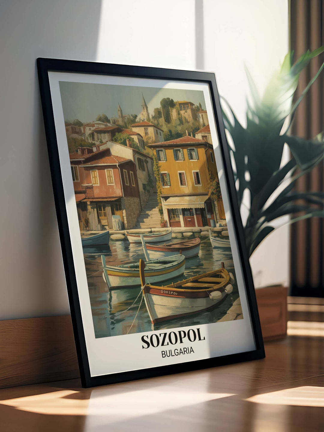 Vintage Sozopol Bulgaria poster with charming harbor scene, traditional boats, colorful architecture, bohemian village character, and soft diffused afternoon light
