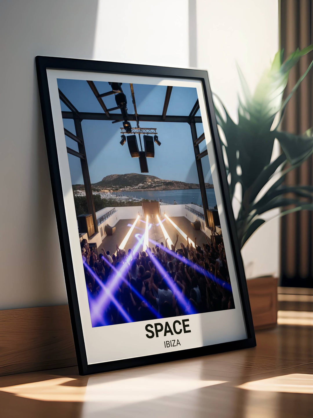 A masterpiece of club culture: the Space Ibiza "The Terrace" print by Map Your Dreams blends deep ultraviolet lights with a stunning Balearic sea horizon.
