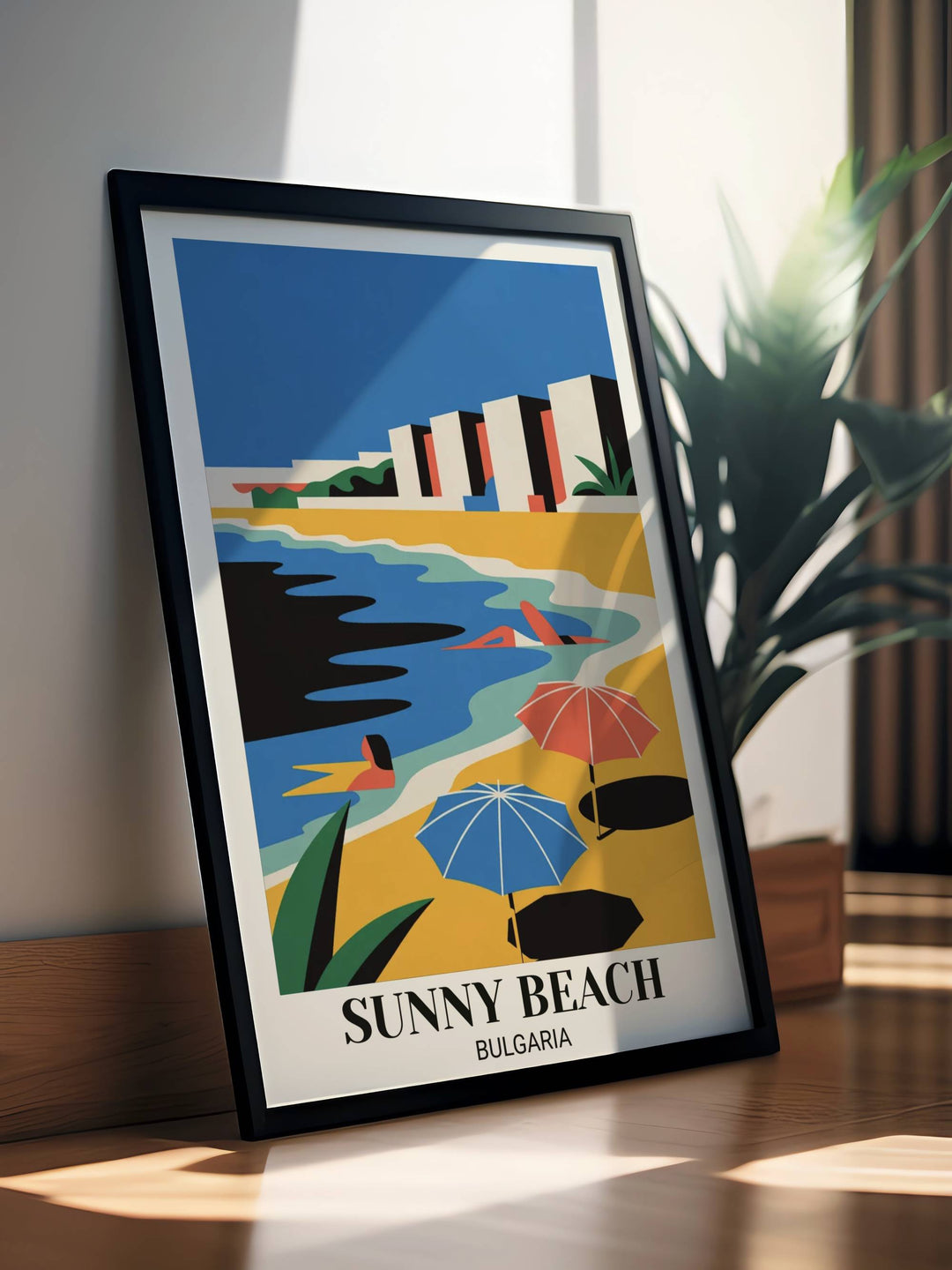 Contemporary Sunny Beach resort art print showing geometric beach scene, bold colors, simplified swimmers and umbrellas, turquoise waters, and minimalist illustration style