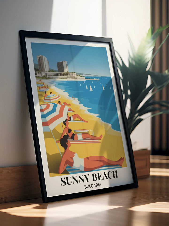 Vintage Sunny Beach Bulgaria poster with 1960s retro resort, beach umbrellas, tourists in period swimwear, turquoise sea, sailboats, and bright color palette

