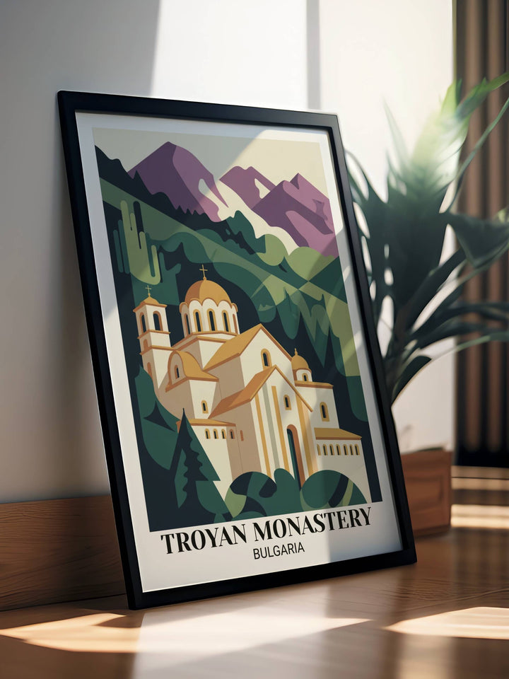 Bold modern Troyan Monastery poster featuring geometric sacred architecture interpretation, striking color palette, forest setting, and contemporary minimalist art aesthetic