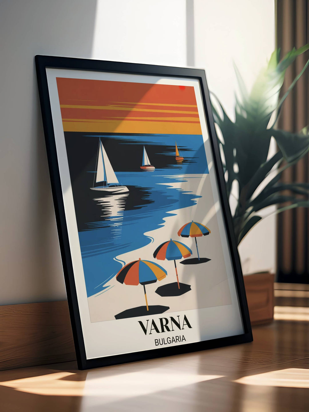 Modern Varna Bulgaria poster art showing minimalist beach landscape with vibrant colors, geometric shapes, sailboats, umbrellas, and trendy contemporary travel design
