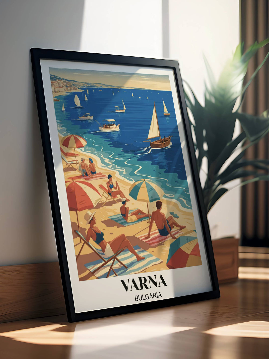 Varna Bulgaria vintage beach poster art showing traditional fishing boats, mid-century style tourists, colorful beach umbrellas, and pristine Black Sea waters with retro charm
