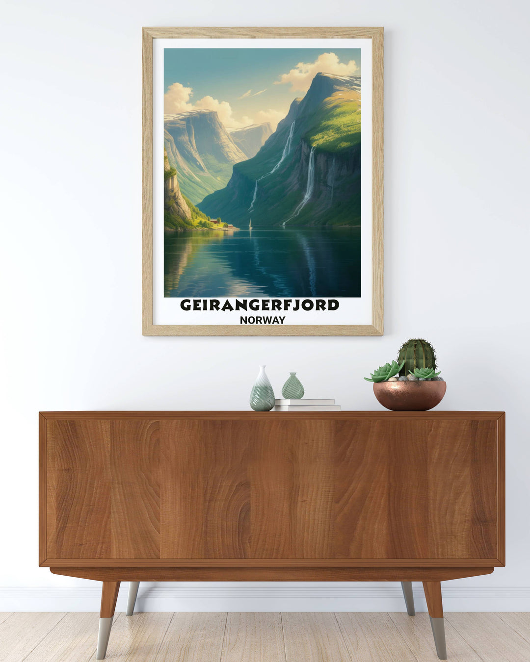 An archival quality Giclee print of the Geirangerfjord Norway landscape with realistic lighting on the jagged mountain faces and clear reflections on the deep sapphire blue water.