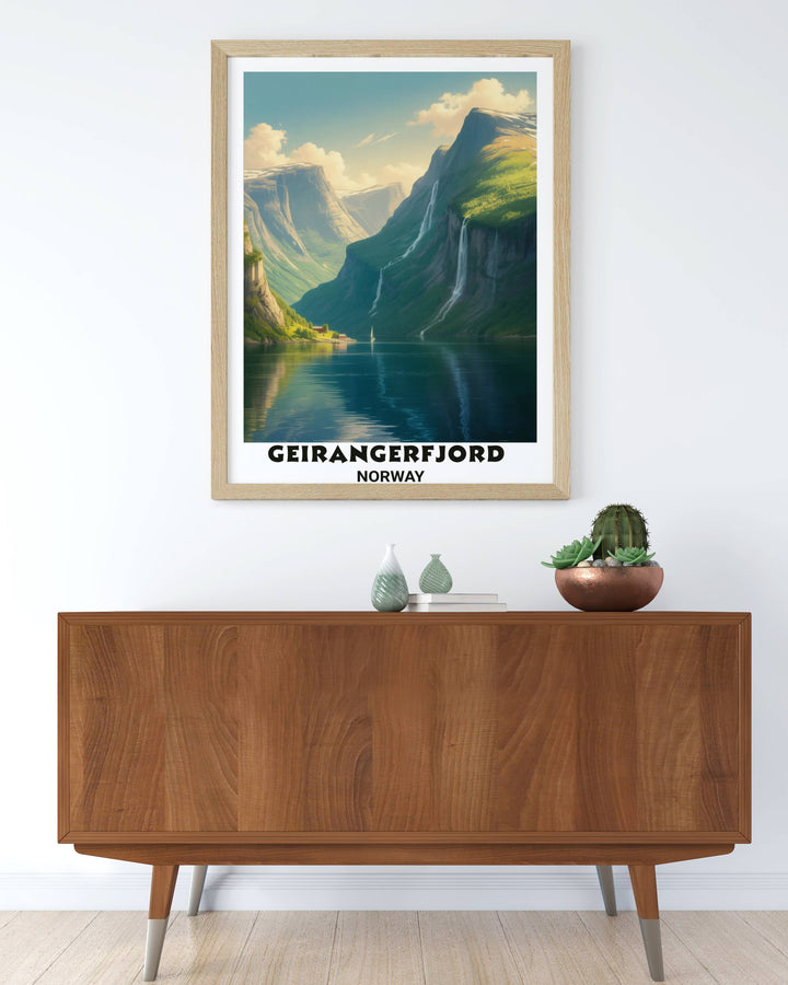 An archival quality Giclee print of the Geirangerfjord Norway landscape with realistic lighting on the jagged mountain faces and clear reflections on the deep sapphire blue water.