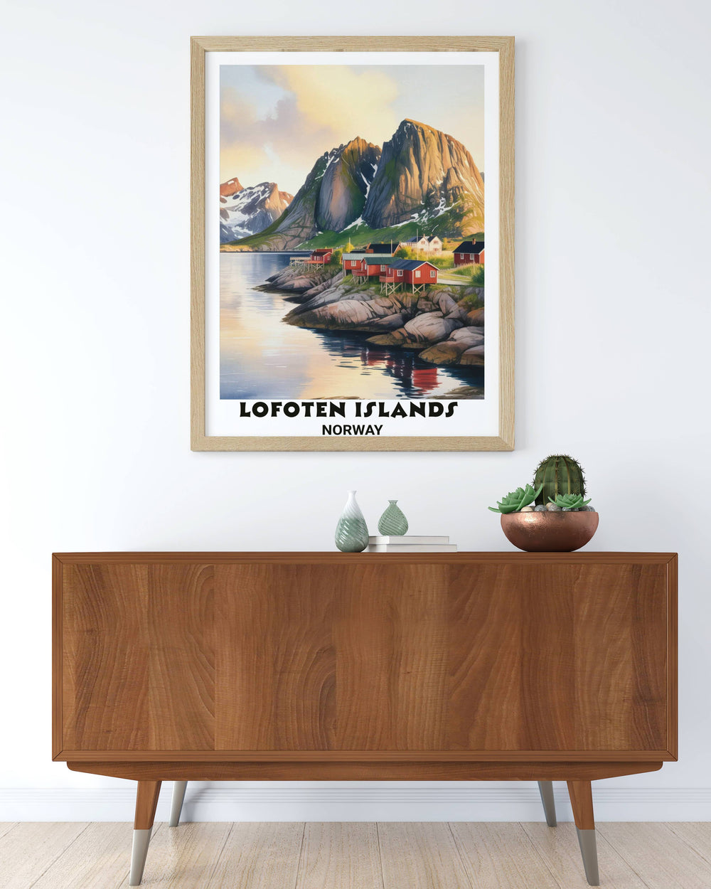 A vertical travel poster of the Lofoten Islands Norway featuring red fishing cabins perched on a rocky coastline beneath towering jagged mountain peaks during a soft sunrise.