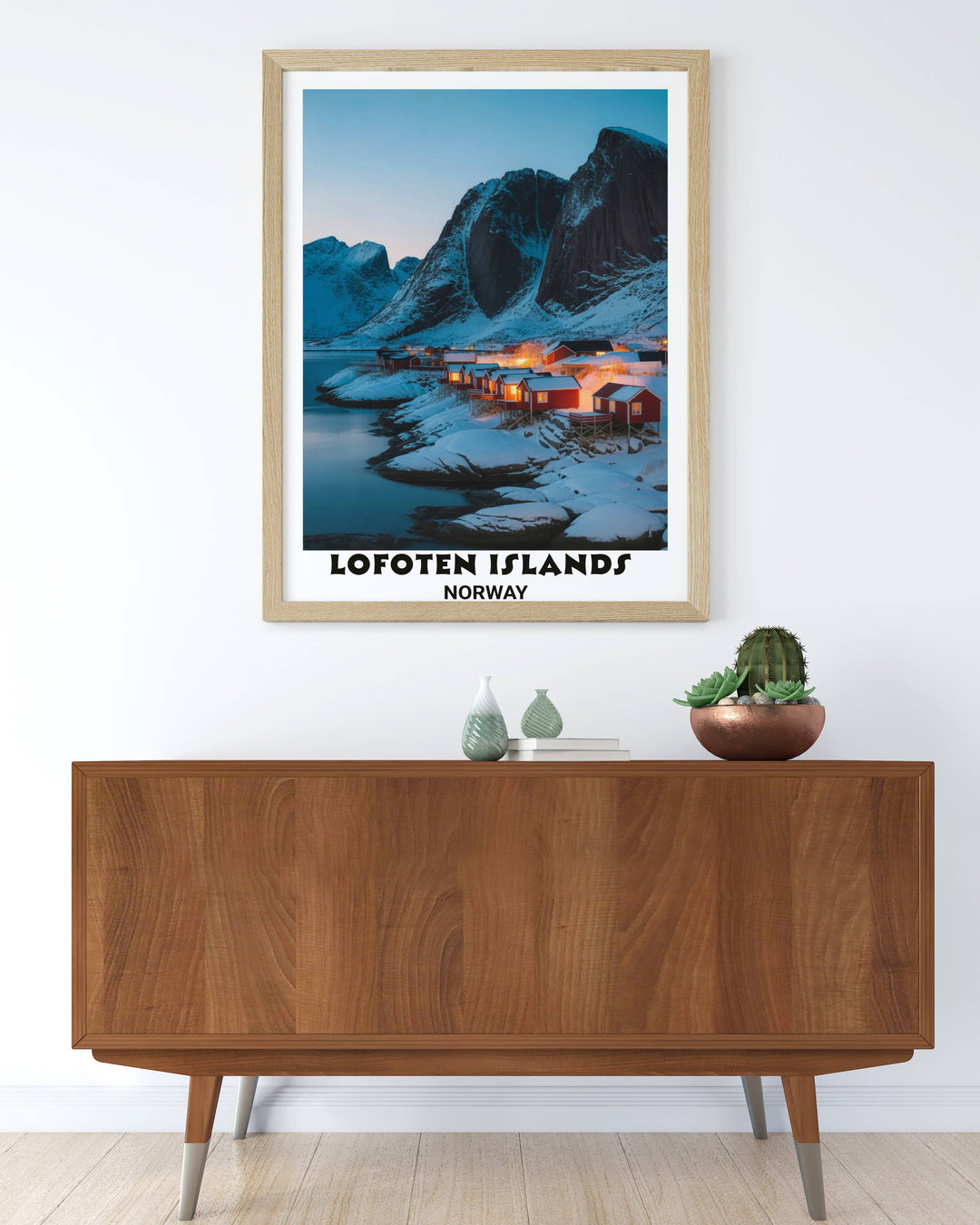 Scandinavian style winter art of the Lofoten archipelago featuring a clean illustrative aesthetic with icy blue tones and warm highlights for a Nordic inspired gallery wall.