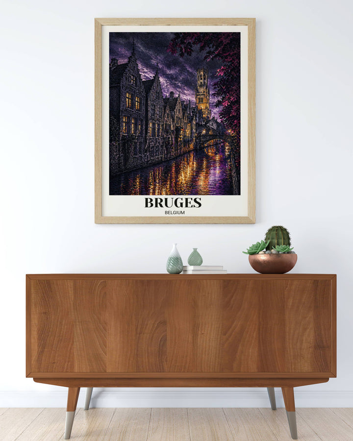 Moody Bruges canal art print with a professional off-white border, showcasing the historic belfort tower and vibrant magenta leaves, styled in a natural wood frame for home decor.