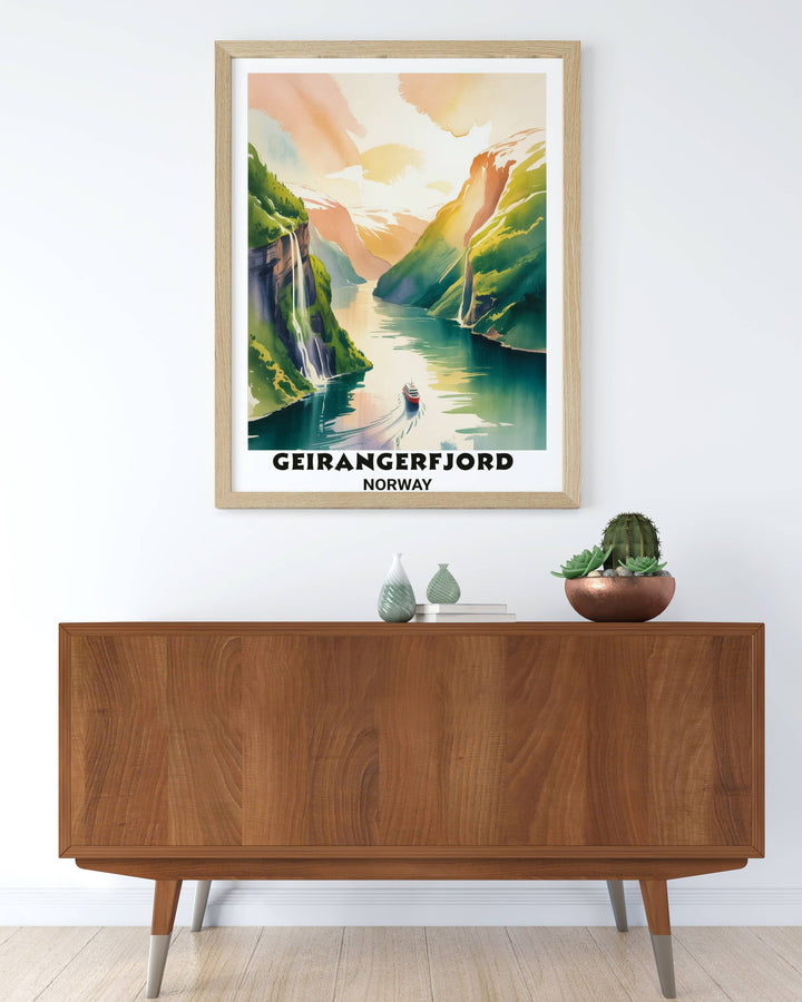 An archival quality Giclee print of the Geirangerfjord Norway landscape with honey-gold sunlight hitting the mountain peaks and reflecting on the calm water of the deep fjord.
