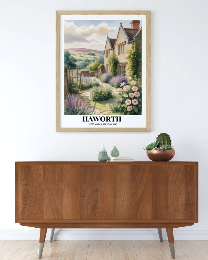 Vertical landscape poster of the Brontë Parsonage Garden with elegant serif typography at the bottom, printed on 200gsm heavyweight archival-grade paper.