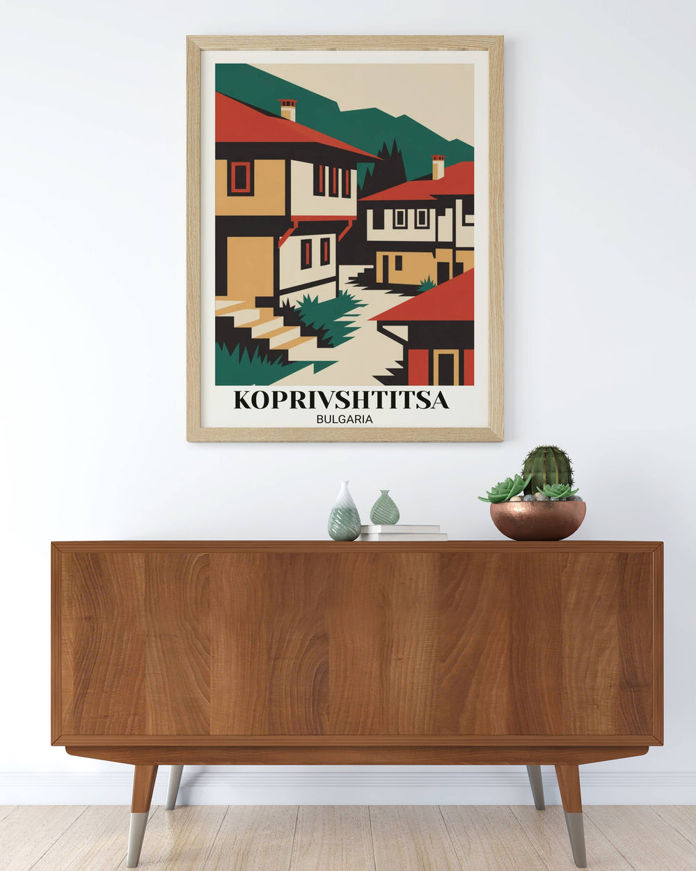 Modern geometric Koprivshtitsa poster art showing simplified folk village, bold colors, geometric houses, and contemporary flat design
