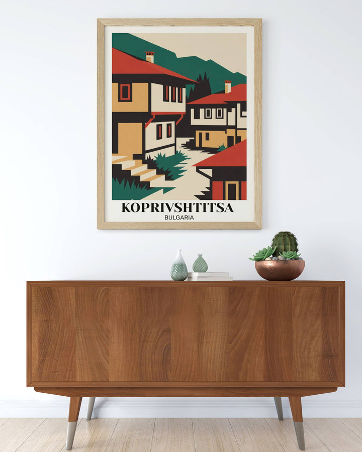 Modern geometric Koprivshtitsa poster art showing simplified folk village, bold colors, geometric houses, and contemporary flat design
