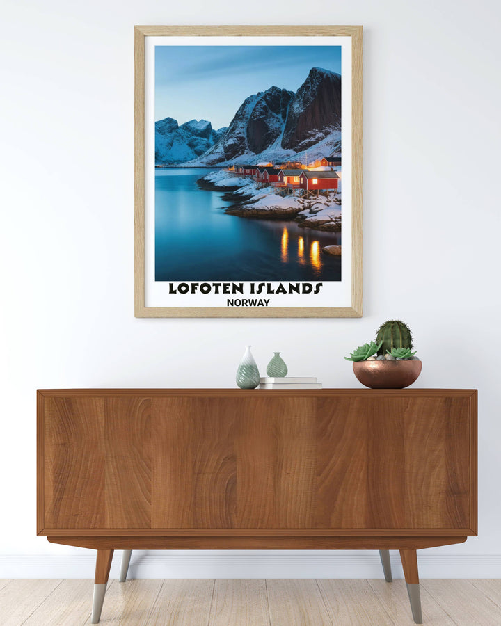 Winter cabin aesthetic wall print featuring iconic Lofoten Islands landscape with steep mountain silhouettes, traditional red houses, glowing lights, ice
