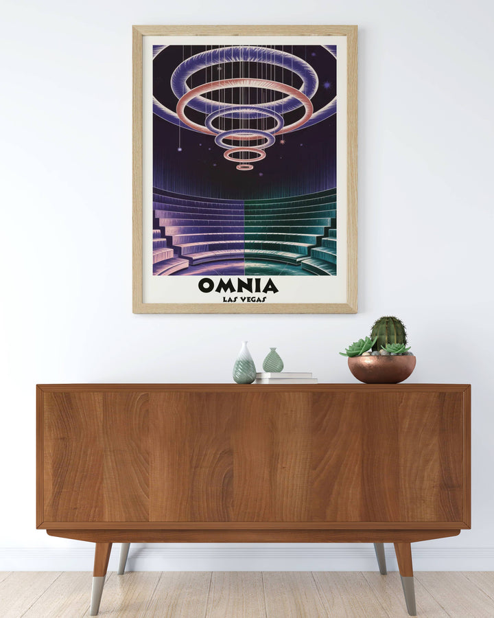 Surrealist interpretation of the Omnia Las Vegas main room, focusing on the pulsating light installation and abstract seating geometry.