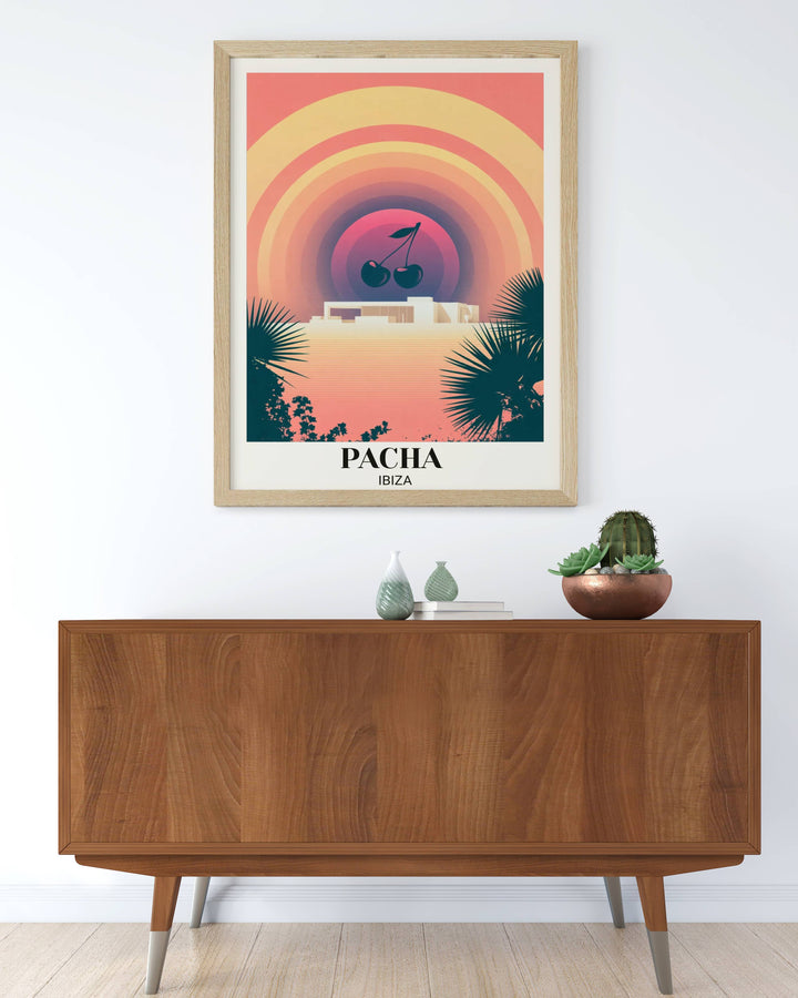 Own a piece of dreamlike club history with this Pacha Ibiza print by Map Your Dreams, featuring concentric sunset circles and the legendary cherries floating above a minimalist villa.