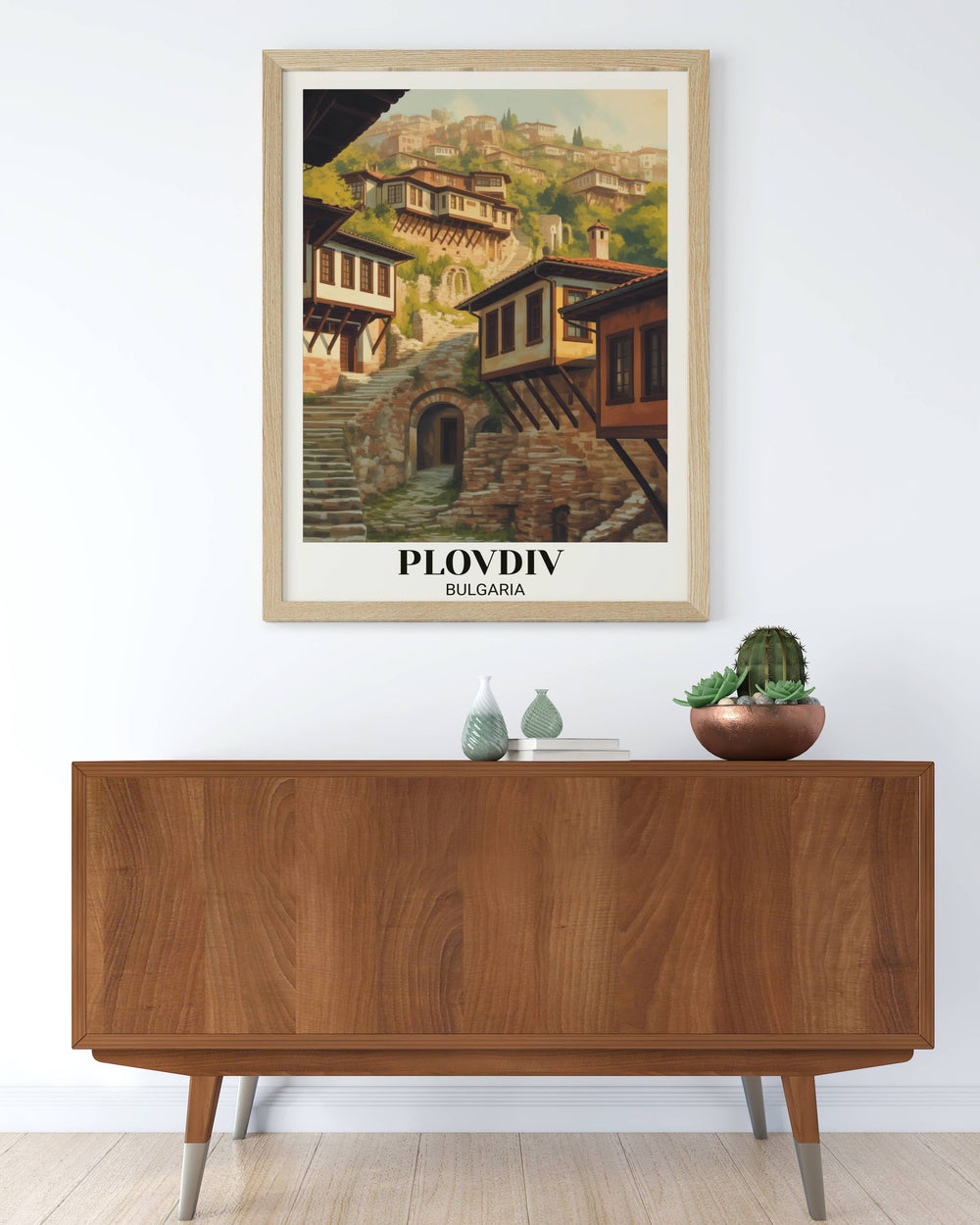 Retro Plovdiv ancient city travel poster depicting traditional houses on hillsides, narrow streets, Thracian-Roman heritage, and vintage cultural historical design