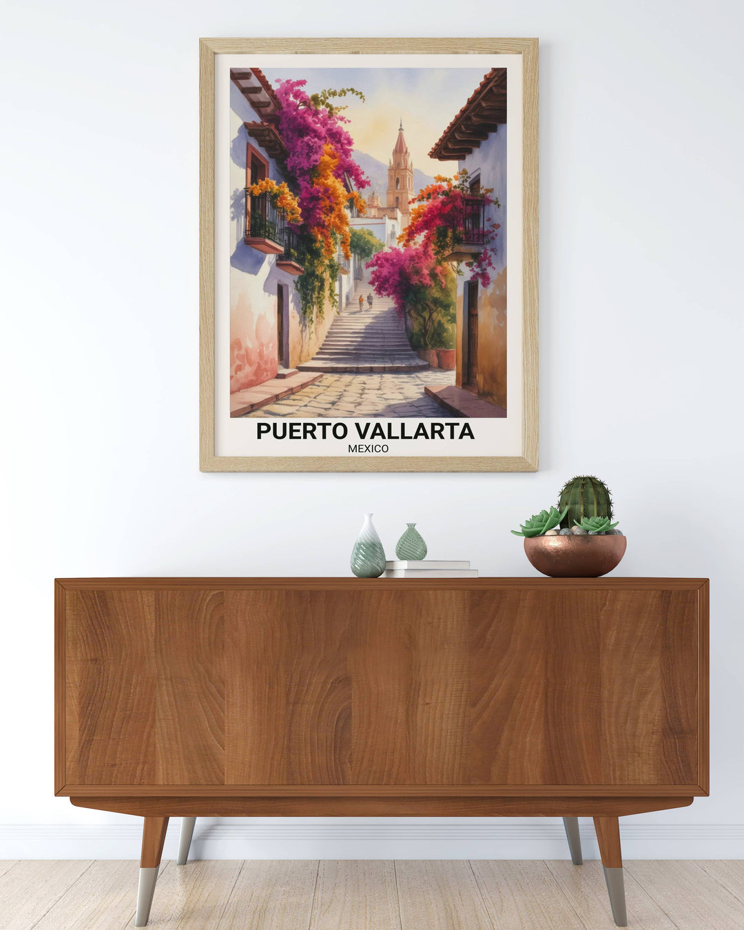 Detailed architectural illustration of the Parish of Our Lady of Guadalupe crown viewed from a narrow stone street with traditional terracotta roofs and lush orange floral accents.
