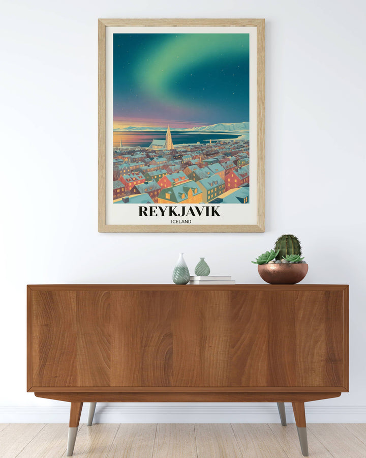 Vibrant yet moody Iceland landscape art with teal Northern Lights shimmering over the historic church and the winding streets of the old town.