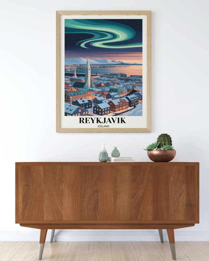 Artistic Reykjavik cityscape print with a focus on high-energy colors and the iconic silhouette of the Icelandic cathedral at night.