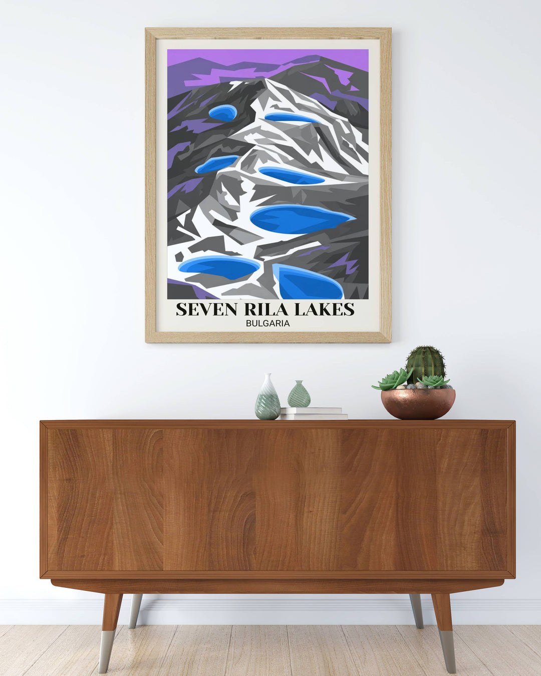 Contemporary minimalist Rila Lakes poster with bold geometric alpine elements, striking color contrasts, mountain peaks, turquoise lakes, and modern digital illustration
