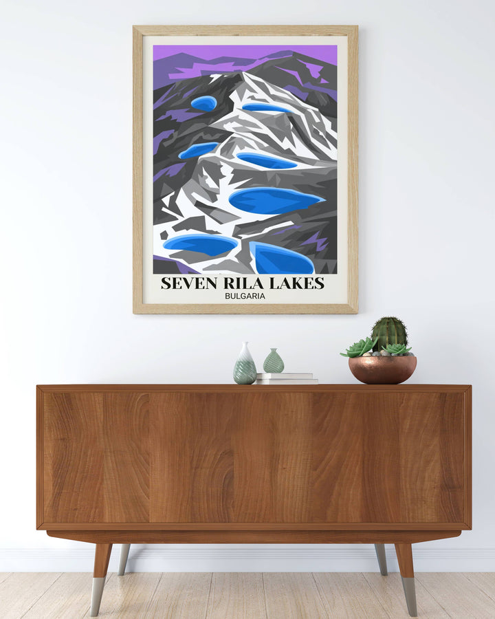 Contemporary minimalist Rila Lakes poster with bold geometric alpine elements, striking color contrasts, mountain peaks, turquoise lakes, and modern digital illustration
