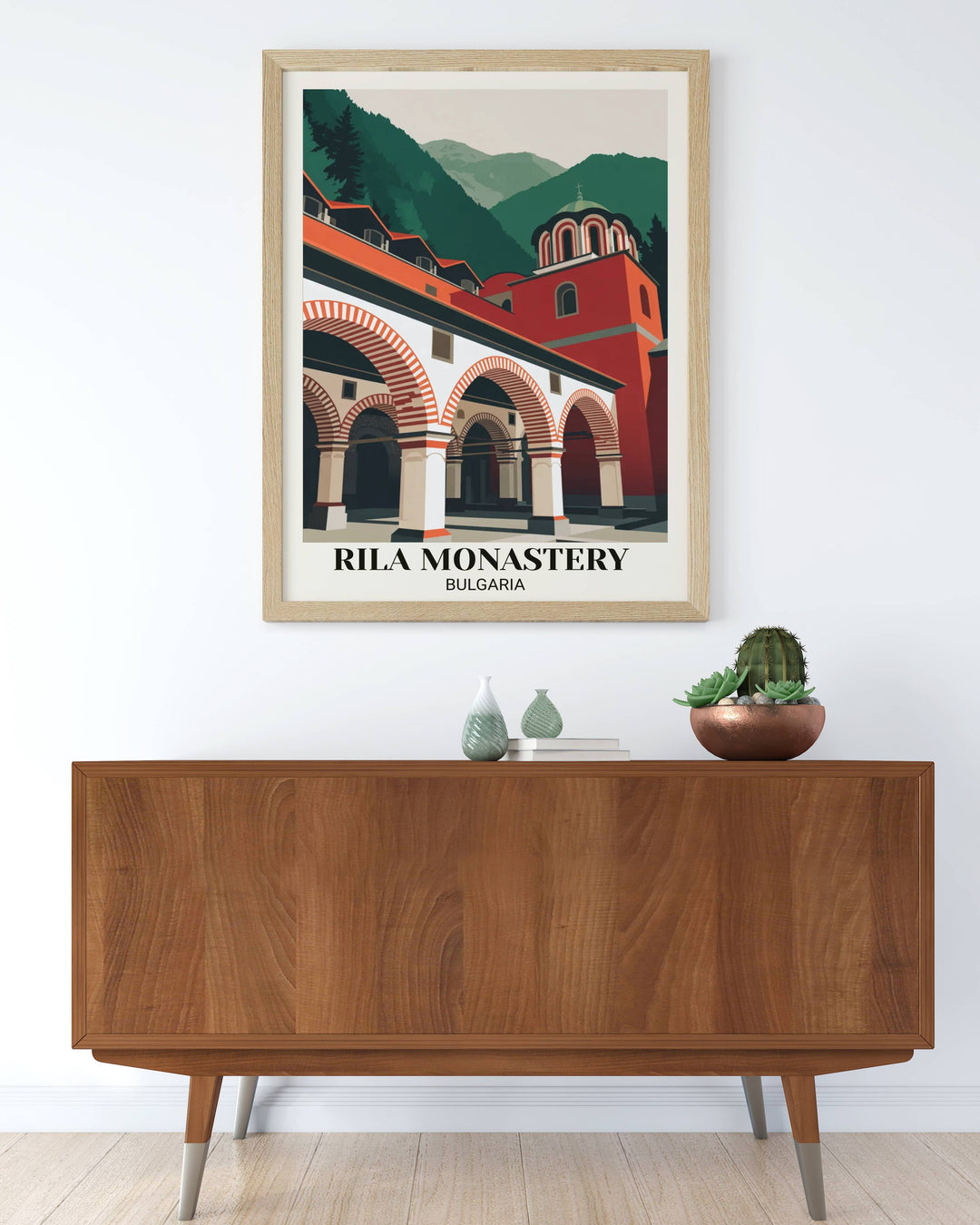 Contemporary minimalist Rila Monastery poster from Bulgaria with bold geometric arches, striking red and white design, forest backdrop, and modern digital illustration