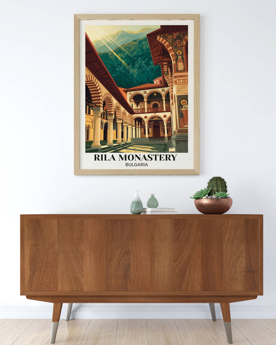 Vintage Rila Monastery Bulgaria poster with striped arcade arches, Byzantine religious art, monastic architecture, golden hour light, and romantic heritage illustration

