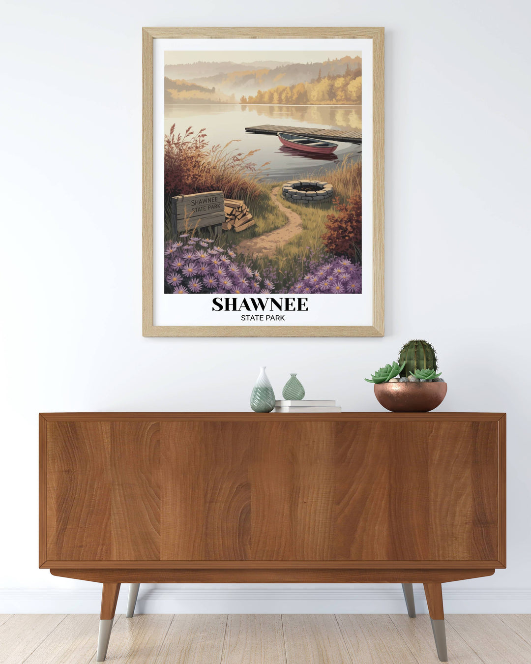 Vertical Shawnee State Park wall art styled in a bright modern farmhouse living room, showcasing the atmospheric "storyteller" aesthetic and vibrant fall foliage color palette.