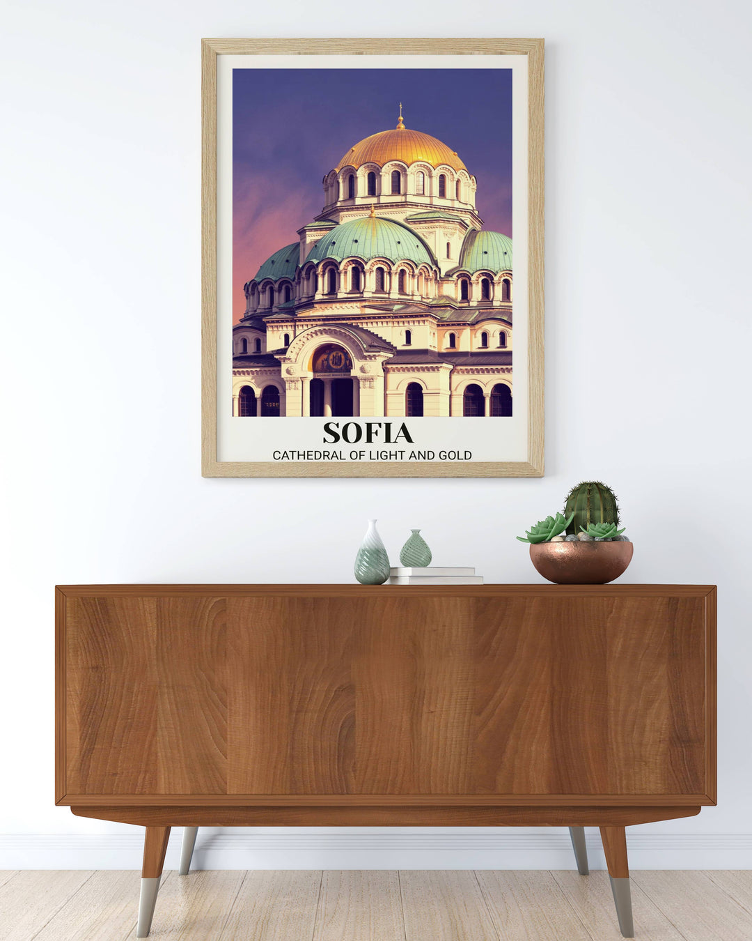 Vintage Alexander Nevski Cathedral poster from Sofia Bulgaria showing majestic golden dome, white marble facade, Byzantine architectural elements, and romantic twilight sky
