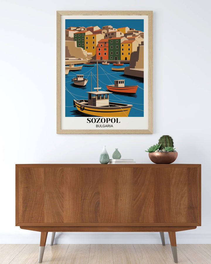 Modern geometric Sozopol poster art showing simplified harbor town, bold colors, geometric fishing boats and buildings, and contemporary flat design
