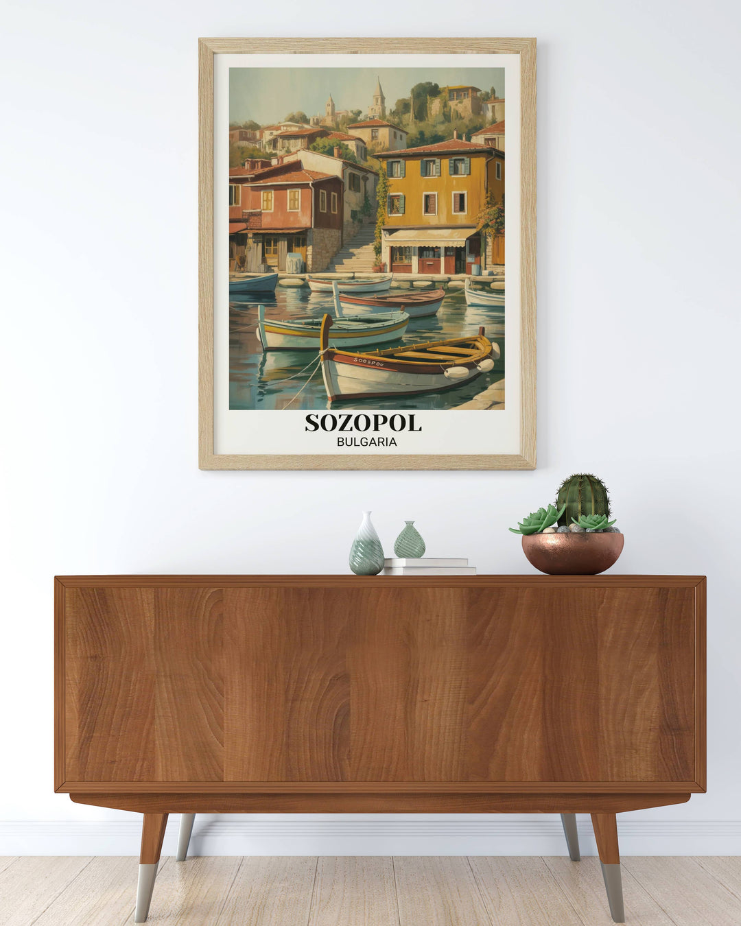 Retro Bulgaria travel poster depicting Sozopol with traditional fishing harbor, colorful buildings, narrow streets, Mediterranean bohemian aesthetic, and vintage fine art
