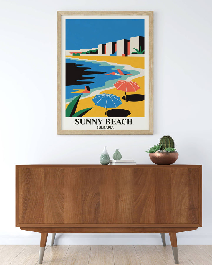 Bold modern Sunny Beach poster featuring geometric beach resort interpretation, striking color palette, beach umbrellas, water elements, and contemporary minimalist art aesthetic
