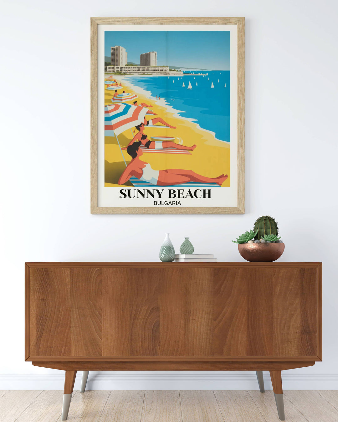 Retro Bulgaria travel poster depicting Sunny Beach with vintage resort aesthetics, sandy beach, colorful scene, tourists, turquoise waters, and nostalgic vacation feel
